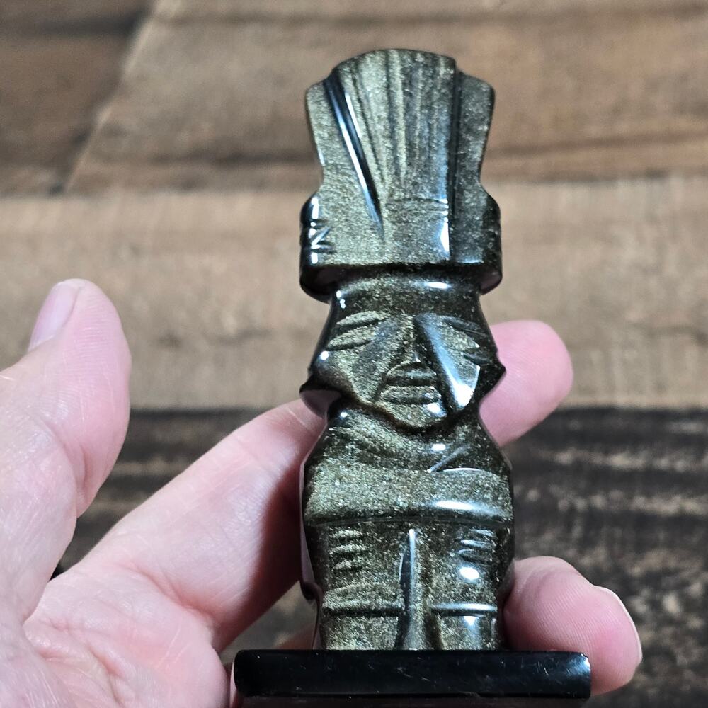 Vintage Sheen Warrior Carving Mayan Aztec Black Gold Obsidian Tiki Bar Sculpture